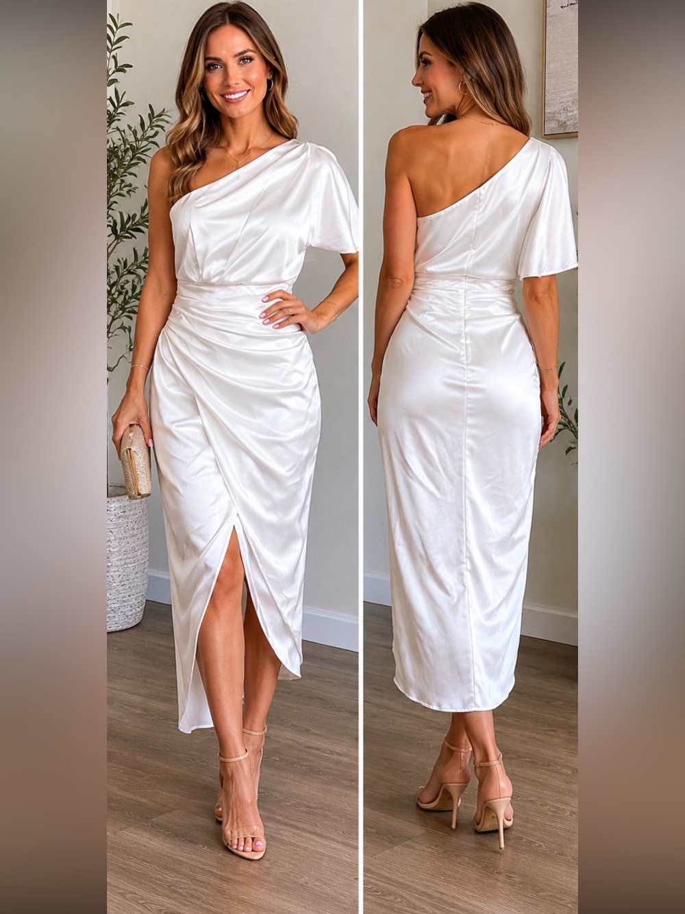 DO+BE One-Shoulder White Satin Midi Dress Bridal Engagement Cocktail Dress